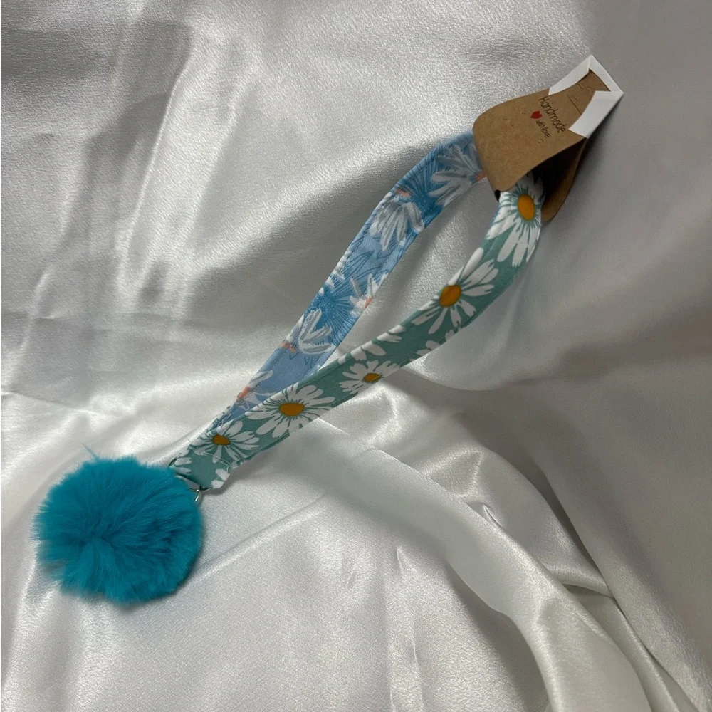 Handmade Green and Blue Daisy Wristlet Keychain with Blue Pompom